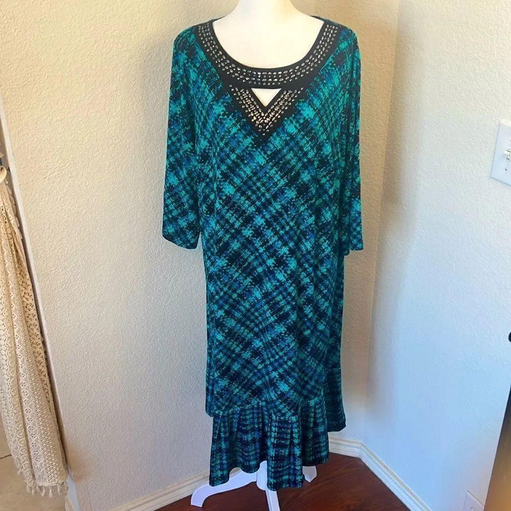 Retro Style Catherine's Embellished Plaid Print Ruffled Hem Pull Over Dress ~ 0X